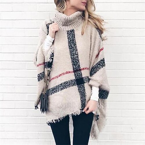 

Women's Poncho Sweater Jumper Crochet Knit Tassel Knitted Striped Turtleneck Stylish Casual Daily Holiday Fall Winter Beige One-Size / Sleeveless