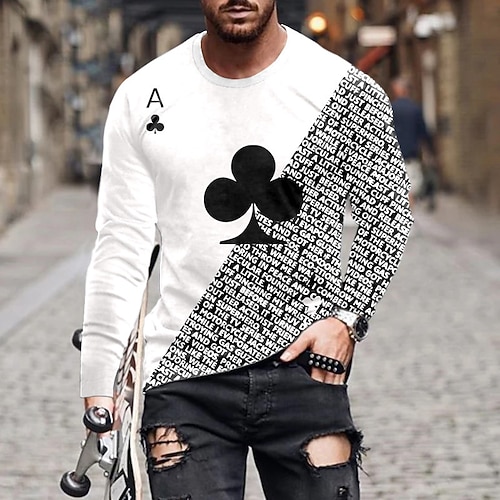

Men's T shirt Tee 3D Print Graphic Patterned Color Block Poker Crew Neck Street Casual Print Long Sleeve Tops Basic Fashion Classic Comfortable White / Summer
