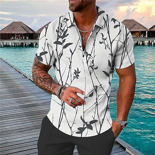 

Men's Collar Polo Shirt Golf Shirt Leaves Turndown Gray 3D Print Outdoor Street Short Sleeves Zipper Print Clothing Apparel Fashion Designer Casual Breathable / Summer / Spring / Summer