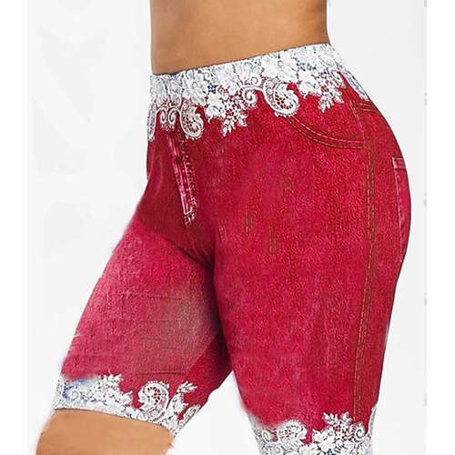 

Women's Skinny Shorts Faux Denim Purple Dark Blue Red Mid Waist Fashion Streetwear Casual / Sporty Casual Weekend Print Micro-elastic Knee Length Comfort Flower / Floral S M L XL XXL / Slim