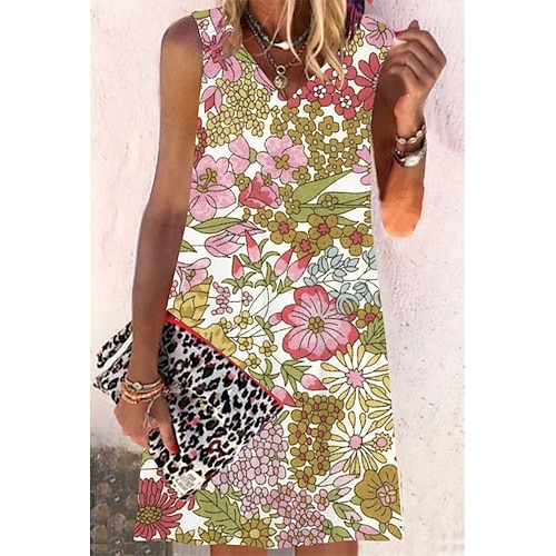 

Women's Shift Dress Short Mini Dress Green Black Sleeveless Floral Print Spring Summer V Neck Casual Vacation 2022 S M L XL XXL 3XL