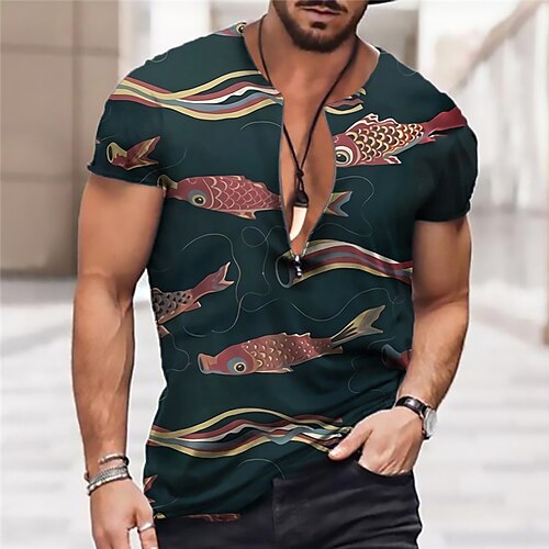 

Men's Unisex T shirt Tee 3D Print Graphic Prints Fish Crew Neck Street Daily Zipper Print Short Sleeve Tops Designer Casual Big and Tall Sports Black / Summer