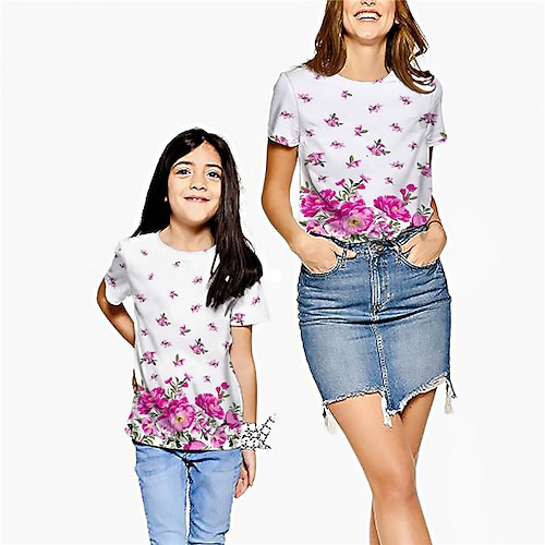 

Mommy and Me T shirt Tops Floral Street Print Red Short Sleeve Active Matching Outfits