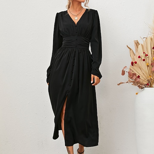 

Women's A Line Dress Maxi long Dress Black Long Sleeve Pure Color Split Lace up Fall Spring V Neck Stylish Modern 2022 S M L XL
