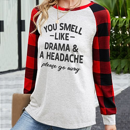 

Women's T shirt Tee Plaid Text Casual Weekend Funny Painting T shirt Tee Long Sleeve Print Round Neck Basic Essential White Black Gray S