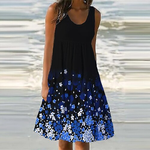 

Women's Shift Dress Knee Length Dress Blue Purple Yellow Orange Sleeveless Floral Pocket Print Spring Summer U Neck Casual Vacation 2022 S M L XL XXL 3XL
