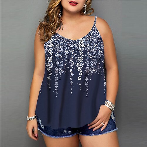 

Women's Plus Size Tops Camisole Floral Backless Print Sleeveless Strap Streetwear Daily Going out Polyester Spring Summer White Blue