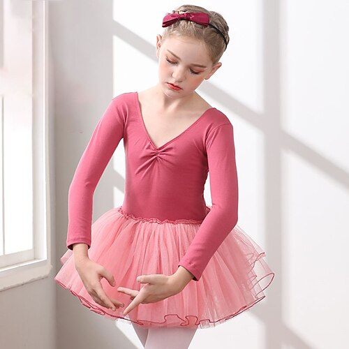 

Kids' Dancewear Ballet Dress Pure Color Splicing Tulle Girls' Training Performance Long Sleeve High Cotton Blend Tulle