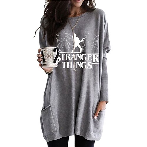 

Women's Shift Dress Short Mini Dress Gray Long Sleeve Letter Pocket Print Fall Spring Crew Neck Casual Vacation 2022 S M L XL XXL 3XL