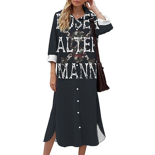 

Women's Shift Dress Midi Dress Black 3/4 Length Sleeve Letter Button Print Fall Spring Shirt Collar Casual Fashion 2022 S M L XL XXL 3XL