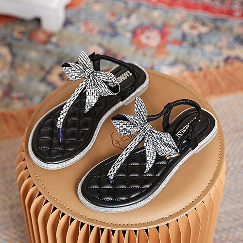 

Women's Sandals Barefoot Sandals Rhinestone Bowknot Flat Heel Open Toe Elegant Sweet Daily Office Faux Leather Buckle Spring Summer Solid Colored Almond Black