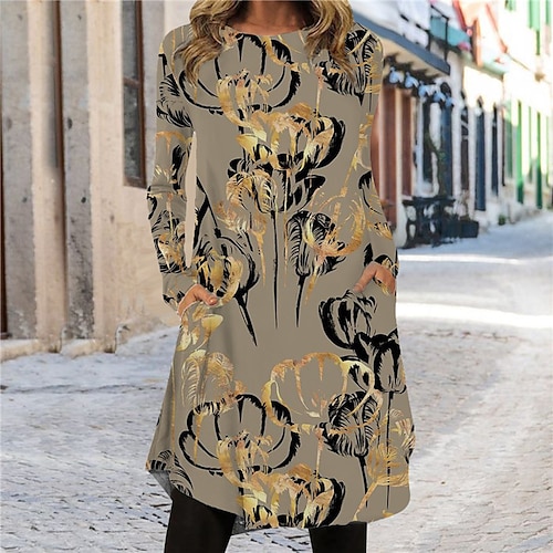 

Women's Shift Dress Knee Length Dress Blue Khaki Long Sleeve Floral Pocket Print Fall Spring Crew Neck Casual Vacation 2022 S M L XL XXL 3XL