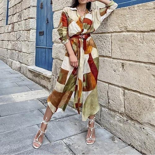 

Women's Shirt Dress Midi Dress Green Long Sleeve Color Block Lace up Spring Summer Shirt Collar Casual 2022 S M L XL