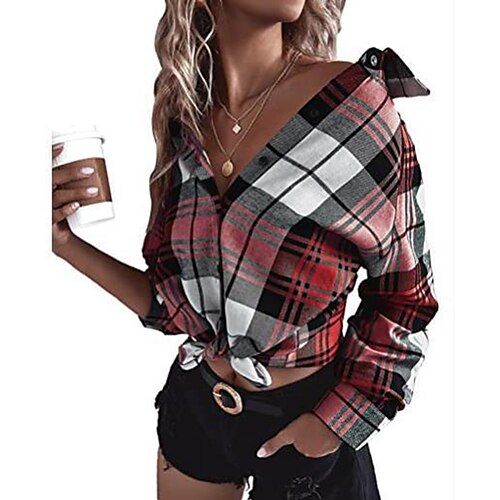 

Women's Blouse Plaid Daily Weekend Blouse Shirt Long Sleeve Button Print Shirt Collar Casual Streetwear Green Gray Purple S