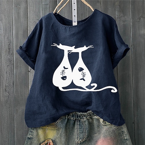 

Women's T shirt Tee Cat Casual Weekend Cat Painting T shirt Tee Short Sleeve Print Round Neck Basic Essential Black Pink Navy Blue M