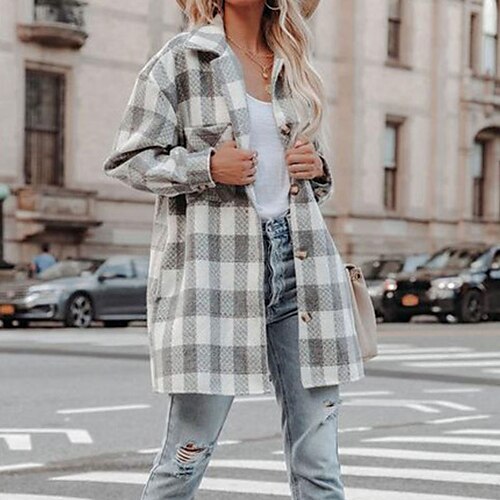 

Women's Coat Long Pocket Print Coat Green Gray Wine Khaki Casual Street Fall Single Breasted Turndown Regular Fit S M L XL XXL