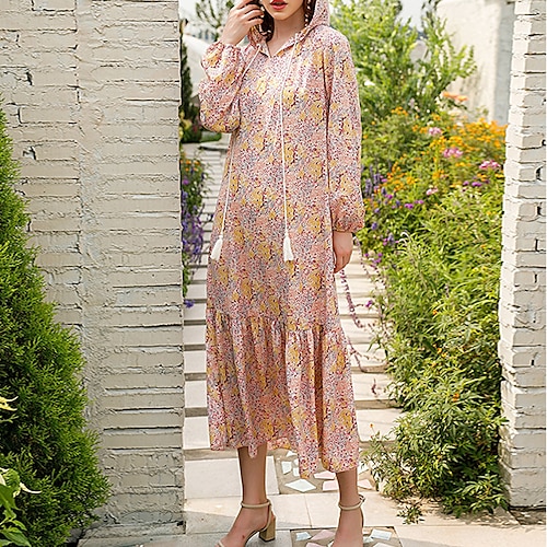 

Women's Shift Dress Maxi long Dress Pink Long Sleeve Floral Print Fall Spring Hooded Casual Fashion 2022 One-Size
