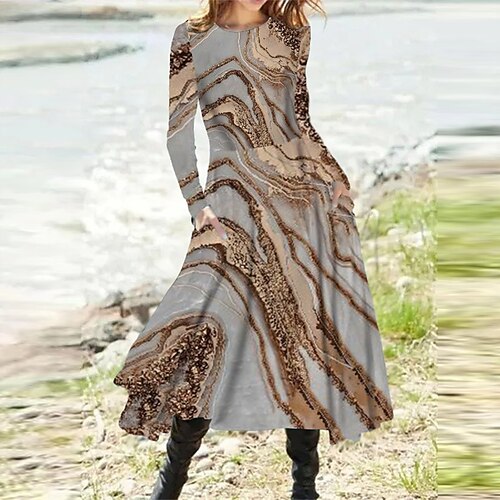 

Women's A Line Dress Midi Dress Khaki Long Sleeve Color Gradient Pocket Print Fall Spring Round Neck Casual Vacation 2022 S M L XL XXL 3XL