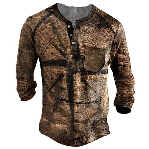 

Men's Henley Shirt Tee T shirt Tee 3D Print Graphic Patterned Compass Plus Size Henley Daily Sports Button-Down Print Long Sleeve Tops Designer Basic Casual Classic Coffee