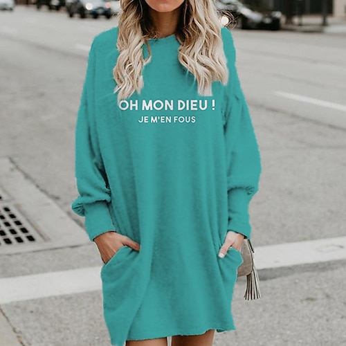 

Women's Shift Dress Short Mini Dress Blue Gray Brown Long Sleeve Fall Color Gradient Letter Pocket Print Fall Winter Hooded Casual 2022 S M L XL XXL 3XL