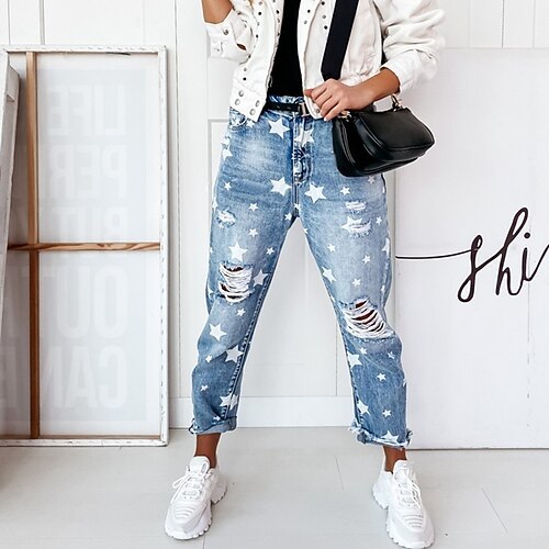 

Women's Pants Trousers Jeans Distressed Jeans Denim Light Blue Mid Waist Fashion Casual Weekend Side Pockets Cut Out Micro-elastic Full Length Comfort Star S M L XL XXL / Print