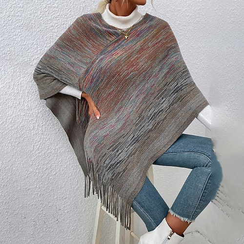 

Women's Poncho Sweater Jumper Ribbed Knit Tassel Knitted Tie Dye Crew Neck Stylish Casual Daily Holiday Winter Fall Gray S M L / Long Sleeve / Regular Fit / Going out