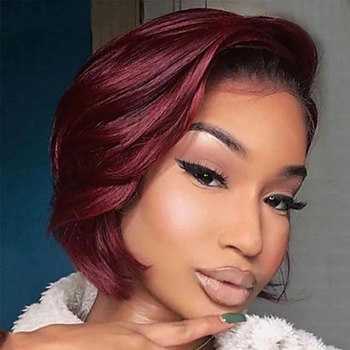 

Unprocessed Virgin Hair 13x4x1 T Part Lace Front Wig Pixie Cut Side Part Deep Parting Brazilian Hair Straight Natural Straight Burgundy Wig 130% Density Natural Hairline Short Straight Pixie Cut