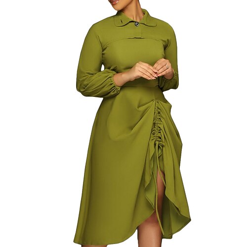 

Women's Dress Set Short Mini Dress Green Black Pink Long Sleeve Pure Color Ruched Fall Winter Shirt Collar Elegant Fashion Slim 2022 S M L XL XXL