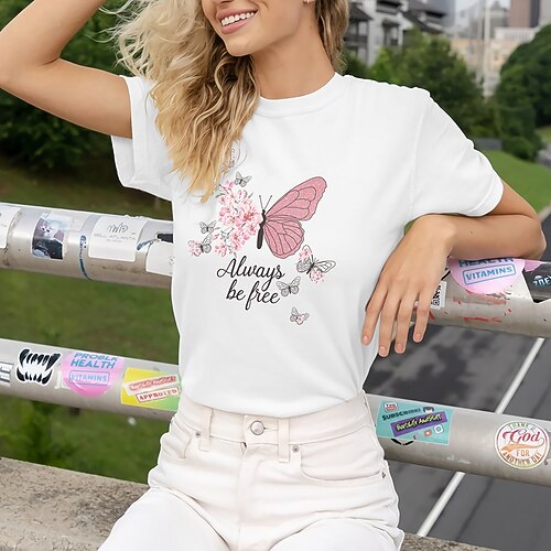 

Women's T shirt Tee Floral Butterfly Text Casual Weekend Floral Butterfly Painting T shirt Tee Short Sleeve Print Round Neck Basic Essential White Gray Yellow S