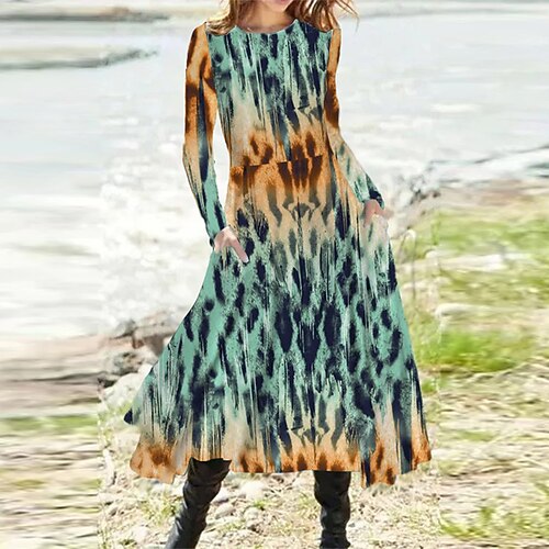 

Women's A Line Dress Midi Dress Blue Red Navy Blue Long Sleeve Color Block Tie Dye Pocket Print Fall Spring Round Neck Casual Vacation 2022 S M L XL XXL 3XL