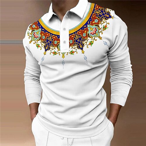 

Men's Collar Polo Shirt Golf Shirt Floral Turndown White 3D Print Casual Daily Long Sleeve Button-Down Print Clothing Apparel Fashion Designer Casual Breathable / Sports