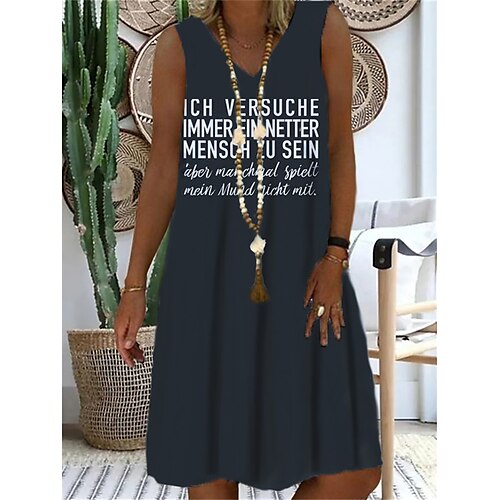 

Women's Shift Dress Short Mini Dress Dark Gray Sleeveless Letter Print Spring Summer V Neck Casual Vacation 2022 S M L XL XXL 3XL