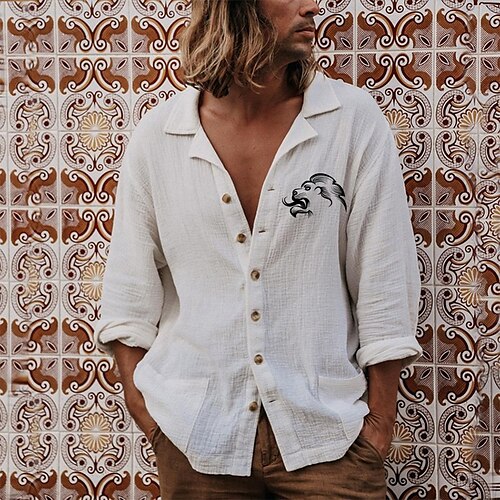 

Men's Shirt Graphic Patterned Solid Color Lion Turndown Casual Daily Layered Button-Down Long Sleeve Tops Casual Exaggerated White