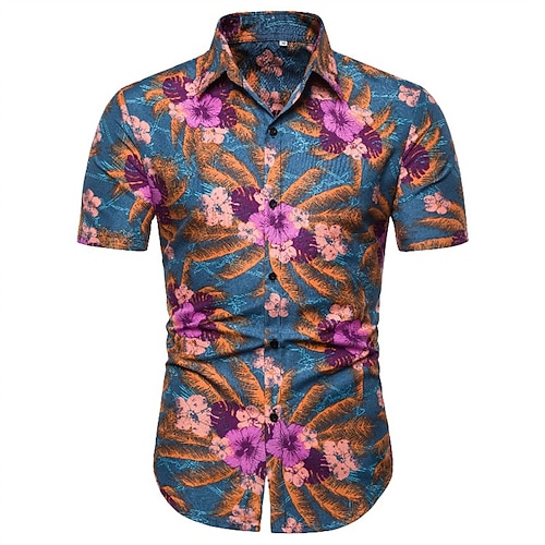 

Men's Shirt 3D Print Floral Graphic Patterned Turndown Street Daily 3D Button-Down Short Sleeve Tops Casual Fashion Comfortable Blue / Beach