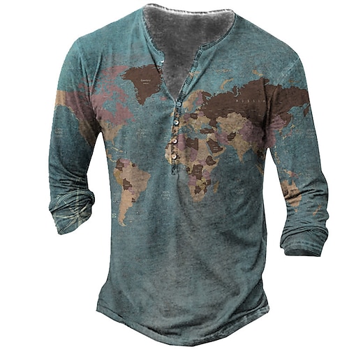 

Men's Henley Shirt T shirt Tee 3D Print Graphic Patterned Map Henley Street Casual Button-Down Print Long Sleeve Tops Basic Fashion Classic Comfortable Blue / Sports