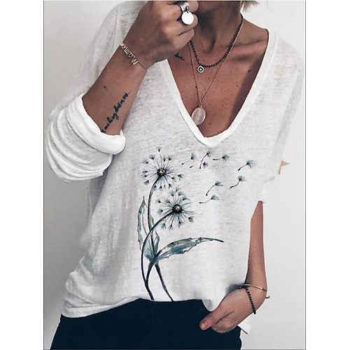 

Women's T shirt Tee Dandelion Casual Daily Holiday T shirt Tee Long Sleeve Patchwork Print V Neck Basic Essential White S / 3D Print