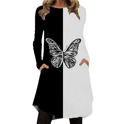 

Women's Shift Dress Knee Length Dress White Long Sleeve Butterfly Animal Pocket Print Fall Spring Crew Neck Casual Vacation 2022 S M L XL XXL 3XL