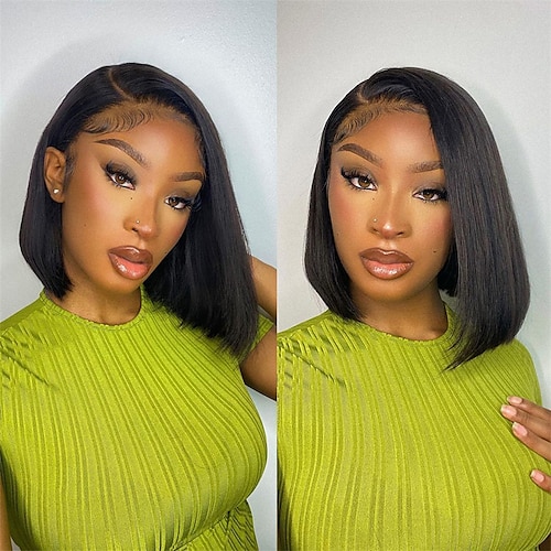 

Pre Plucked Brazilian Human Hair Wigs Side Part Bob Wig for Women Natural Color 13X4 T Part Lace Remy Straight Human Hair Wigs