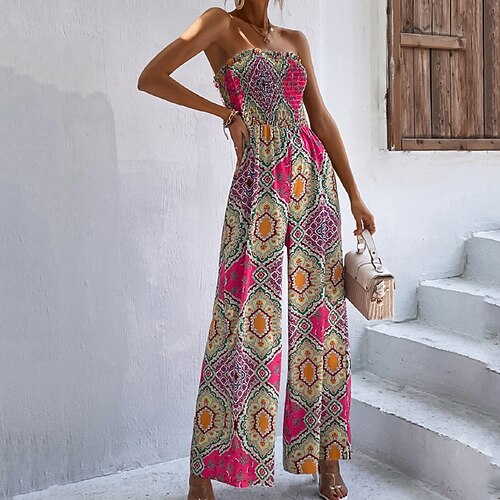 

Women's Jumpsuit Backless Print Floral Strapless Casual Going out Weekend Regular Fit Sleeveless Red S M L Spring