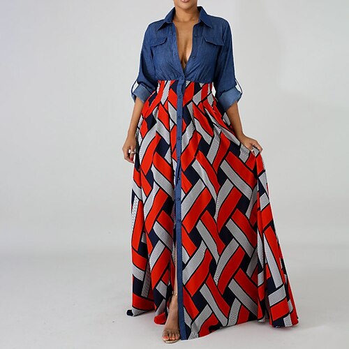 

Women's Denim Dress Swing Dress Long Dress Maxi Dress Yellow Rainbow Red Long Sleeve Geometric Patchwork Winter Fall Autumn Shirt Collar Modern Winter Dress Weekend Fall Dress 2023 S M L XL XXL 3XL