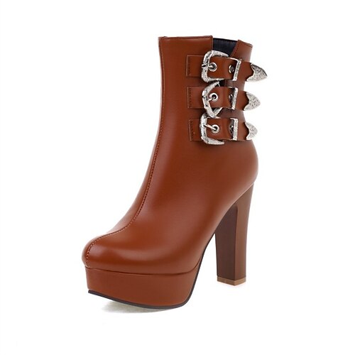 

Women's Boots Booties Ankle Boots Buckle Chunky Heel Round Toe Minimalism Daily PU Leather Zipper Fall Winter Solid Colored Dark Brown Black / Mid-Calf Boots