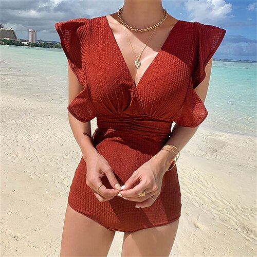 

Women's Swimwear One Piece Monokini Bathing Suits Normal Swimsuit Tummy Control Ruffle High Waisted Pure Color Wine Khaki V Wire Bathing Suits New Casual Vacation / Modern / Spa