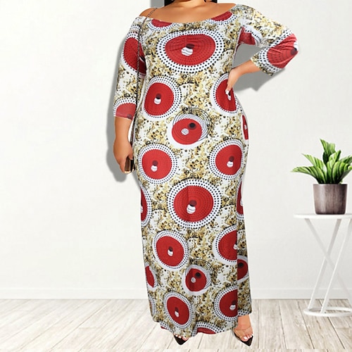 

Women's Plus Size Casual Dress Floral Off Shoulder Print Long Sleeve Fall Winter Casual Maxi long Dress Daily Going out Dress