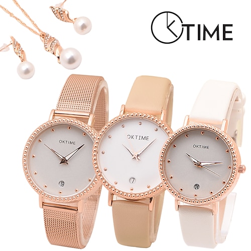 

4pcs/Lot Fashion Oktime Quartz Watch Ladies Women Casual Diamond Calendar PU Leather Wristwatches For Wedding Party With Jewelry Set