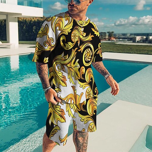 

Men's T-shirt Suits Tennis Shirt Graphic Floral Chains Print Crew Neck Gold Black Yellow Gold Black 3D Print Street Daily Short Sleeve Print Clothing Apparel 2pcs Basic Fashion Lightweight Casual
