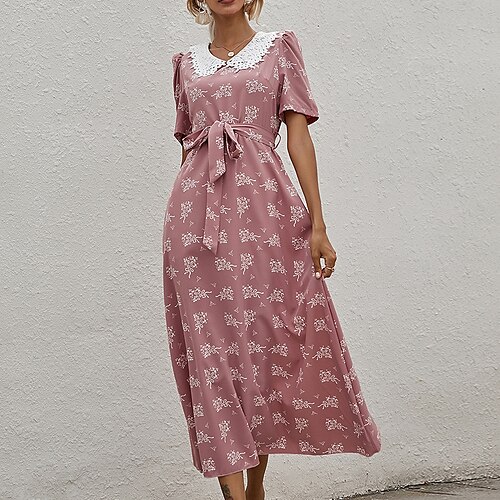 

Women's A Line Dress Midi Dress Pink Short Sleeve Floral Lace up Puff Sleeve Print Spring Summer V Neck Stylish Fashion Modern 2022 S M L XL
