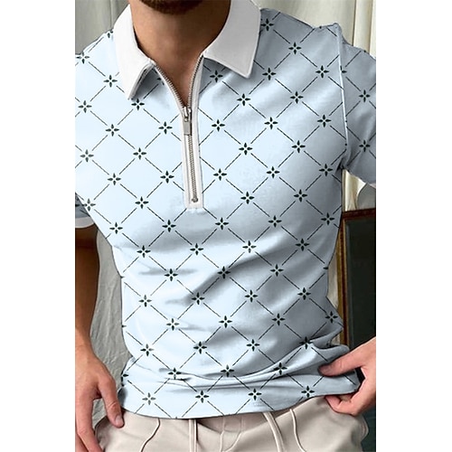 

Men's Collar Polo Shirt Golf Shirt Plaid Striped Turndown Blue Light Blue White 3D Print Outdoor Street Short Sleeves Zipper Print Clothing Apparel Fashion Designer Casual Breathable / Summer