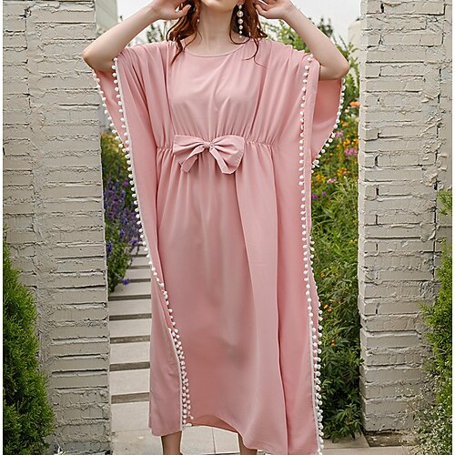 

Women's Shift Dress Maxi long Dress Light Pink Half Sleeve Pure Color Tassel Fringe Ruched Bow Fall Summer Round Neck Fashion Modern 2022 S M L XL
