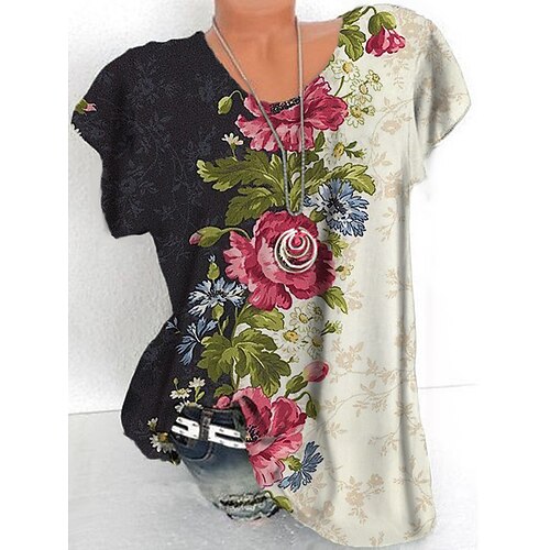 

Women's Plus Size Tops T shirt Tee Floral Print Short Sleeve Crewneck Streetwear Daily Sports Cotton Spandex Jersey Spring Summer Beige