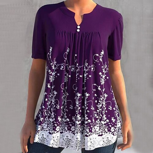 

Women's Plus Size Tops Blouse Shirt Floral Button Print Short Sleeve V Neck Streetwear Daily Going out Polyester Spring Summer Purple